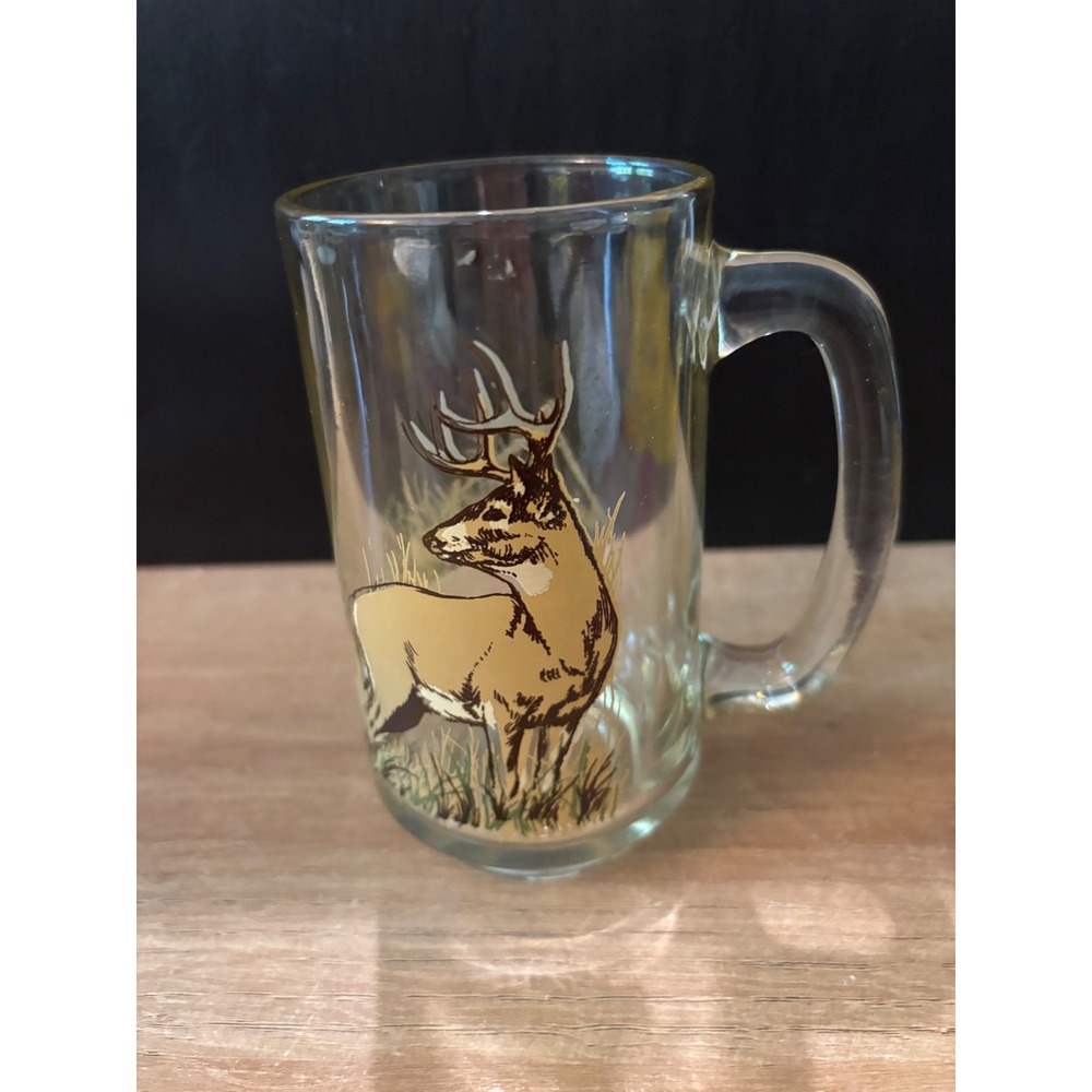 Wildlife Deer Buck Glass Mug Clear Beer Stein Cabin Decor 5 Inch Vintage
